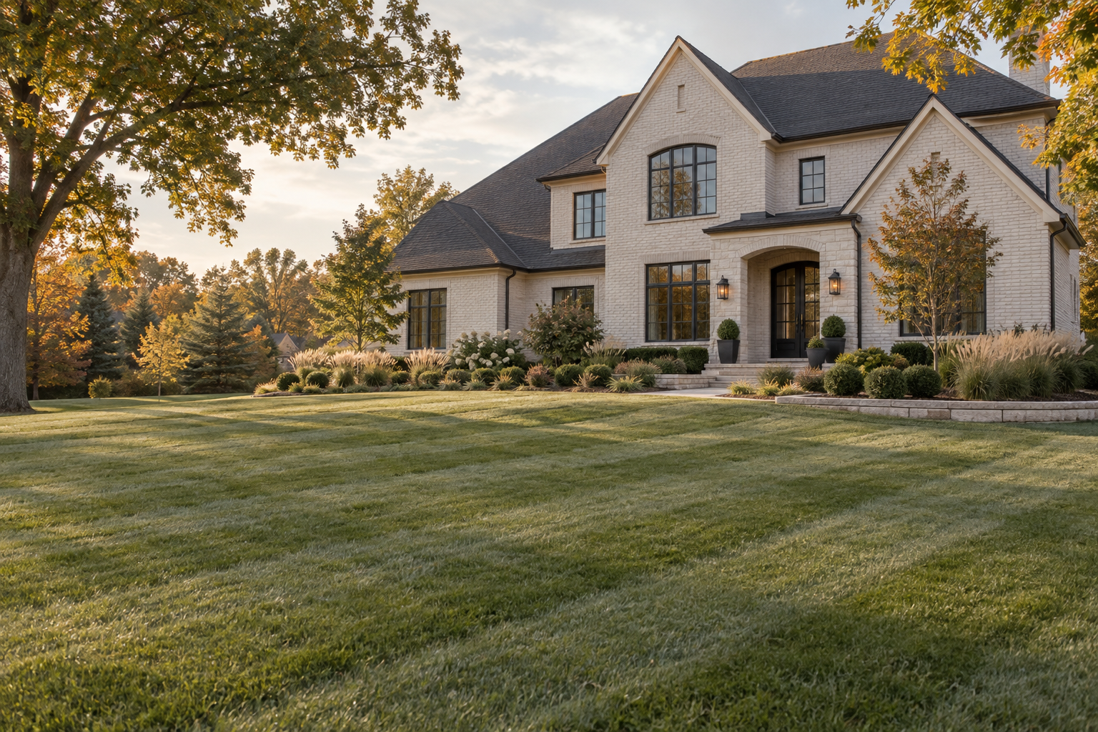 Illustrative concept of a neatly maintained lawn and warm brick home